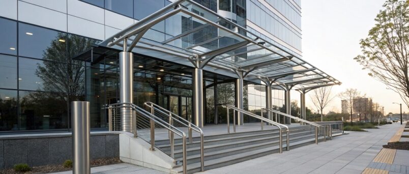 Innovative uses of metalwork in modern architecture, showcasing sleek structural designs, decorative elements, and contemporary building aesthetics