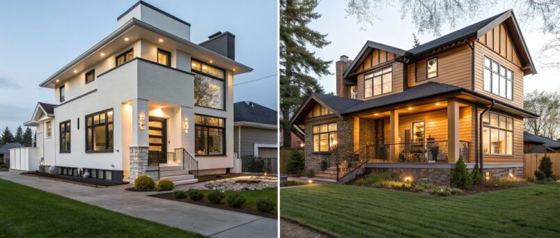 Side-by-side comparison of a modern newly built home and a charming resale property, illustrating key differences for homebuyers.