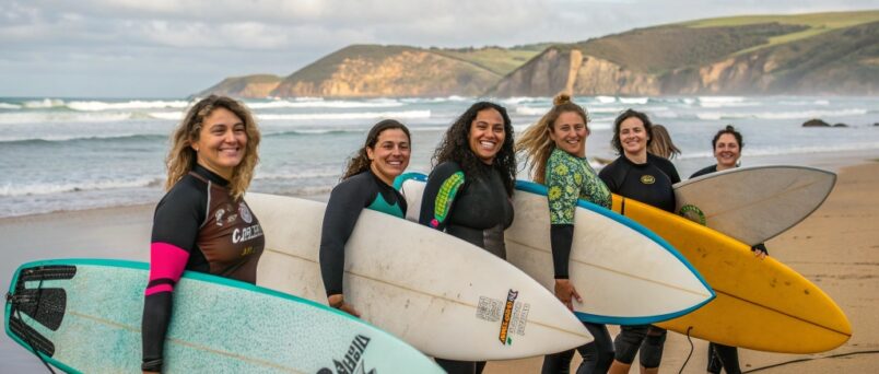 An evocative photo showing a group of women cheering for a surfer riding a wave, or a close-up of a diverse group of women with surfboards, smiling and high-fiving on a sandy beach. The image should visually represent confidence, sisterhood, and the joy of surfing in a supportive, non-competitive environment.