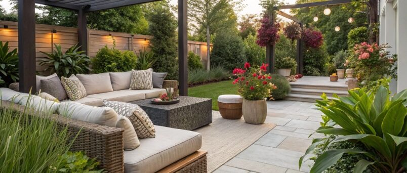 Tips and ideas for designing functional and beautiful outdoor living spaces with comfortable seating, greenery, and stylish decor