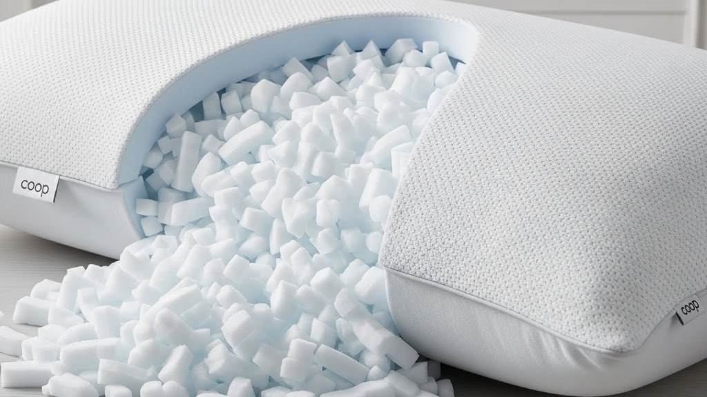 shredded gel memory foam fill inside open Coop pillow showing breathable design