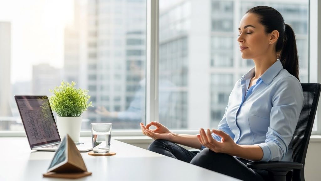Busy professional practicing desk stretches and mindfulness techniques to maintain health triangle balance during workday