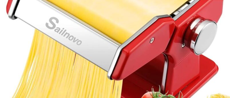 Sailnovo 2-in-1 pasta maker with fresh noodles on a kitchen counter