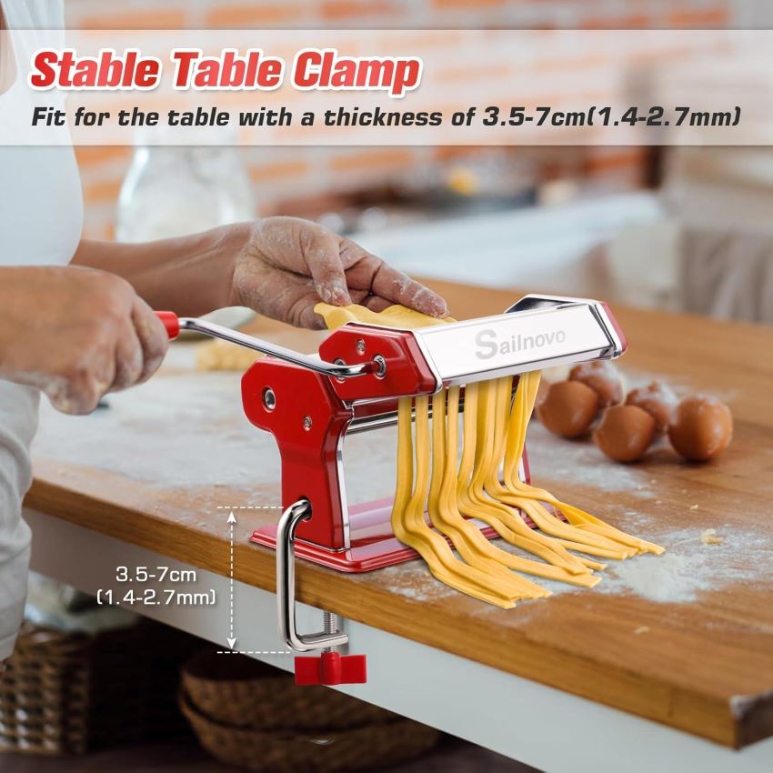 Close-up of Sailnovo 2-in-1 pasta maker showing roller and cutter functions