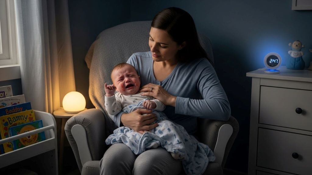 Parent comforting crying baby during nighttime sleep regression while maintaining bedtime routine