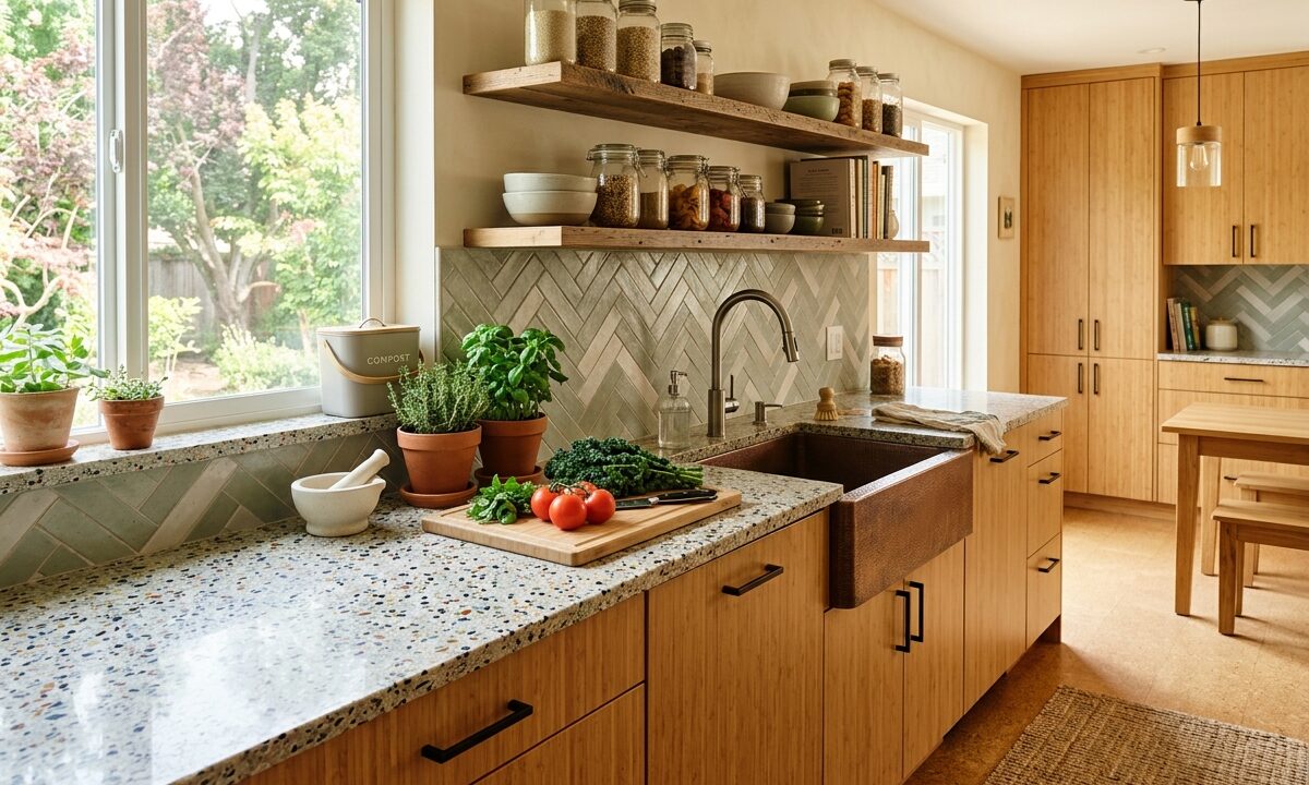 Discover durable, sustainable options for your green home with our complete guide to eco-friendly kitchen surfaces, from recycled glass to bamboo.