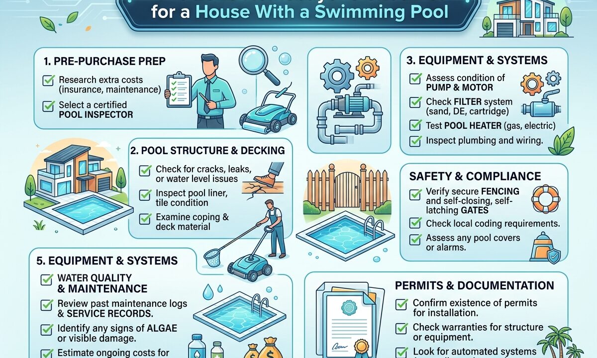 Buying a home with a pool in 2026? Use our essential checklist to inspect pool equipment, estimate ongoing costs, verify safety laws, and avoid surprises.