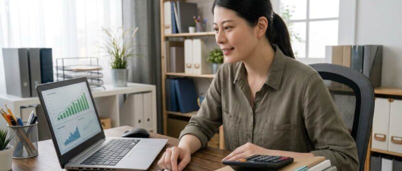 Small business owner reviewing cash flow statement on laptop at desk