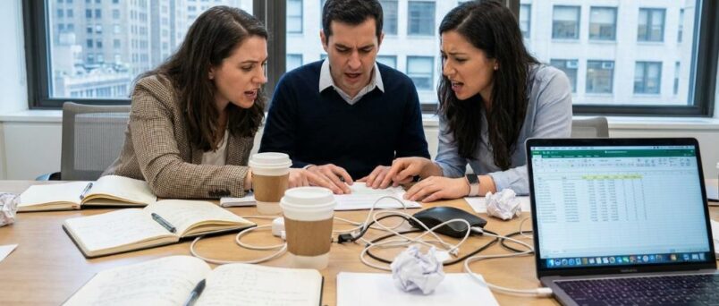 Study abroad event planning team organizing registration materials in NYC