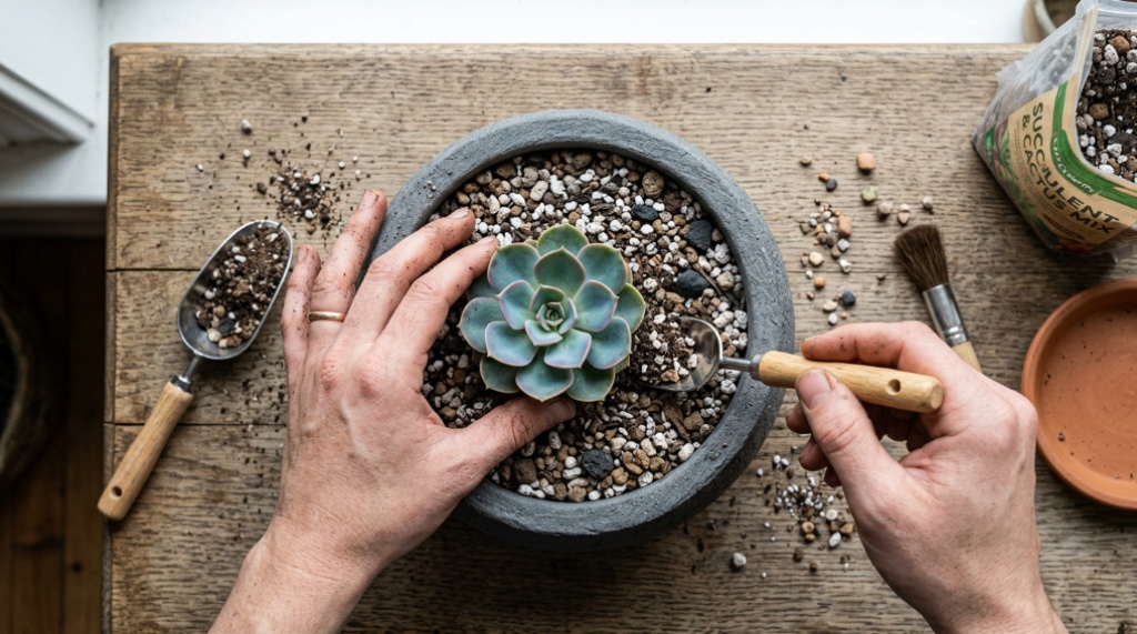 Sunny California porch styled with drought-tolerant potted succulents and terracotta planters.