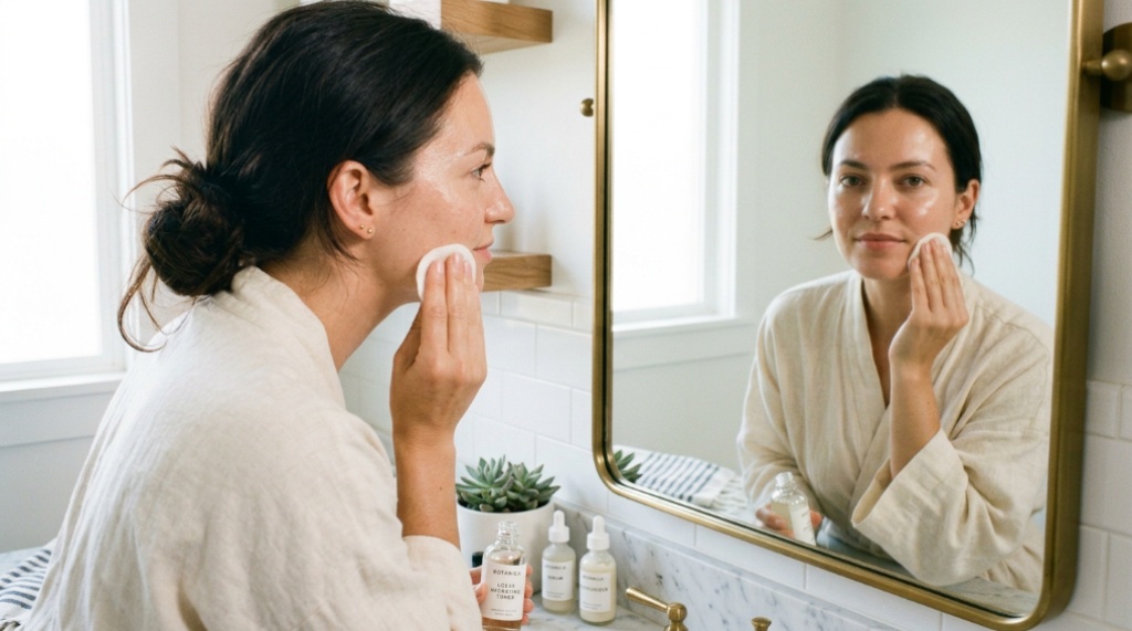 Person gently applying liquid skincare with a cotton pad.