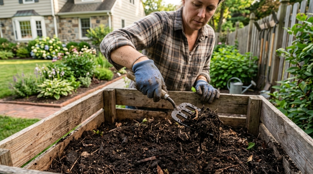 Kitchen scraps and dry leaves arranged for composting
